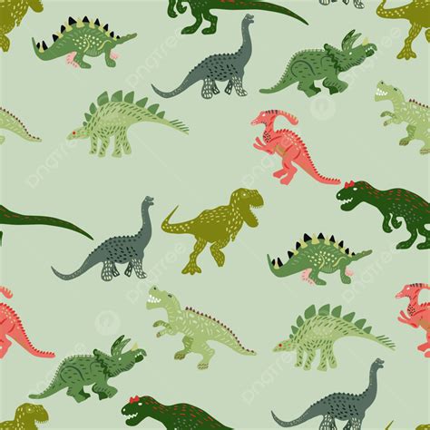 Green Dinosaurs Seamless Pattern On Light Green Background, Drawing ...