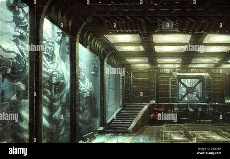 digital illustration of futuristic science fiction factory room of ...