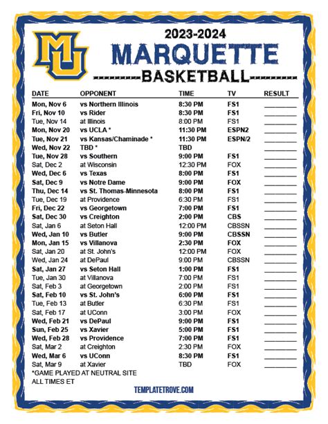 Printable 2023-2024 Marquette Golden Eagles Basketball Schedule