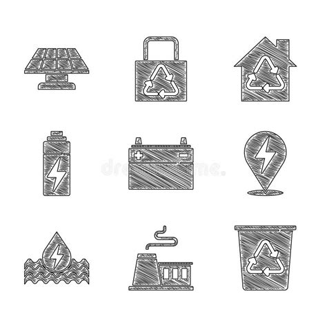 Set Car Battery, Factory, Recycle Bin with Recycle, Lightning Bolt ...