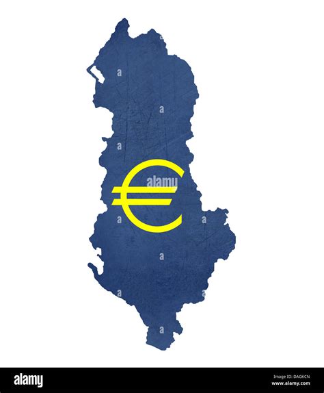 European currency symbol on map of Albania isolated on white background ...