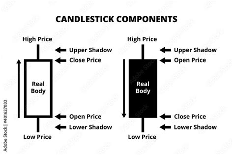 Vector illustration of candlestick chart components. Composition of a candlestick or candle ...