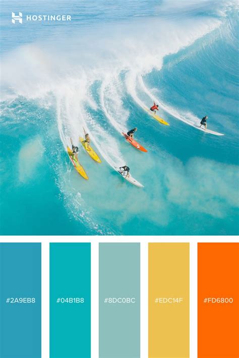 four surfers riding the same wave on their surfboards in color swatches, each with different colors