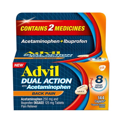 Advil Dual Action Back Pain Caplets Delivers 250mg Ibuprofen and 500mg ...