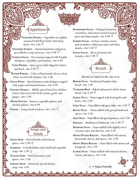 Menu at Taste of India restaurant, Bloomington