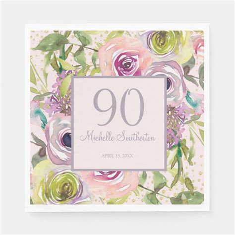 Purple Pink Floral Gold Glitter 90th Birthday Napkins | Zazzle ...