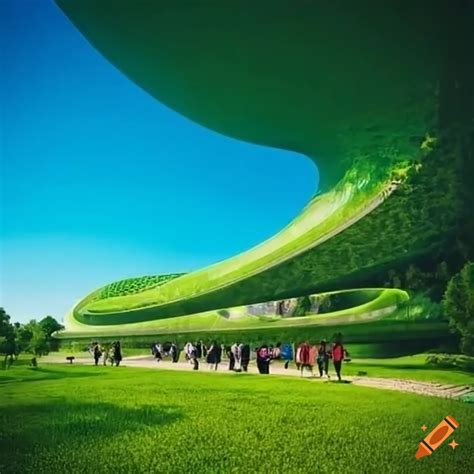 Futuristic green landscape with tourists