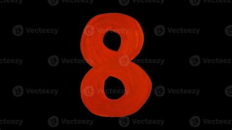 Red number eight drawn gouache. Isolated on a black background. Figure hand drawn by paint ...