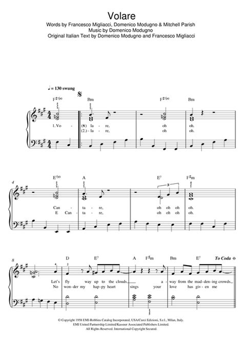 Dean Martin "Volare" Sheet Music & Chords | Download 3-Page Printable ...