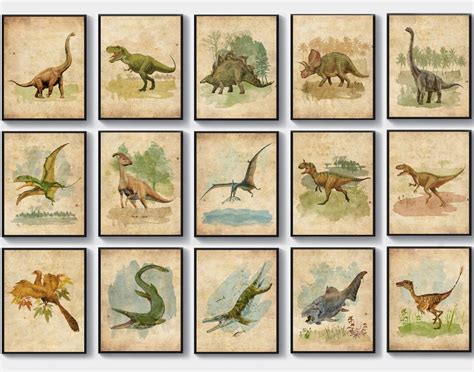 Dinosaur Vintage Poster Set of 15 Giant Reptile Jurassic Animals ...