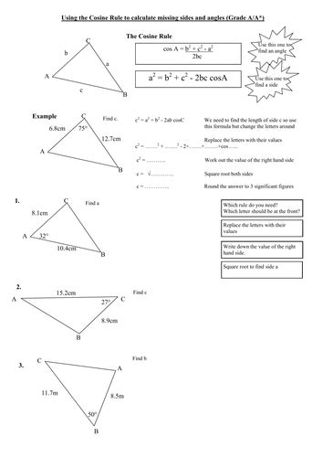 Using the cosine rule structured worksheet | Teaching Resources