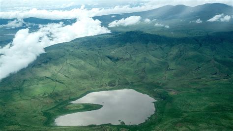 Aerial view of Ngorongoro Crater in the Ngorongoro Conservation Area ...