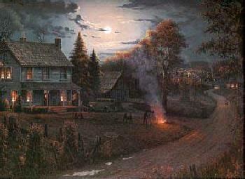 a painting of a country house with a full moon in the background