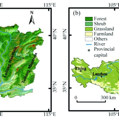 Topographic map (a) and vegetation type map (b) of the Loess Plateau ...