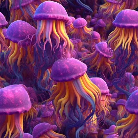 Premium Photo | Purple and yellow jellyfishs are in a sea of purple ...