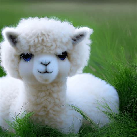 Adorable Cute Baby Fluffy Alpaca Sitting in Grass Dreamy Eyes · Creative Fabrica