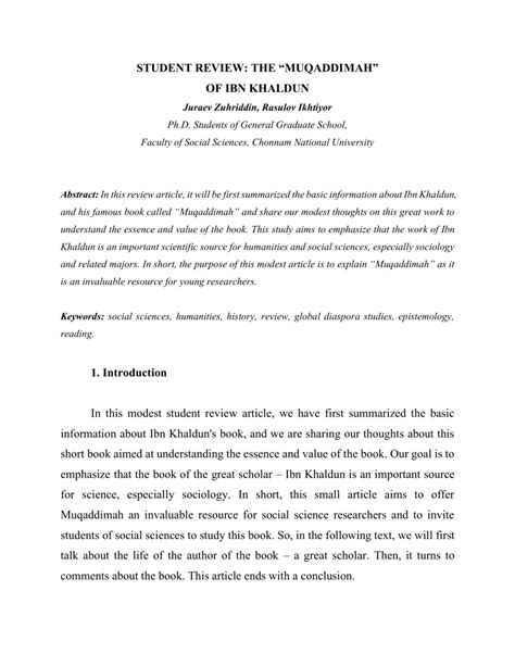 (PDF) STUDENT REVIEW: THE "MUQADDIMAH" OF IBN KHALDUN