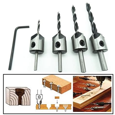 4pcs HSS 5 Flute Countersink Drill Bit Set Carpentry Reamer Woodworking Chamfer End Milling Wood ...