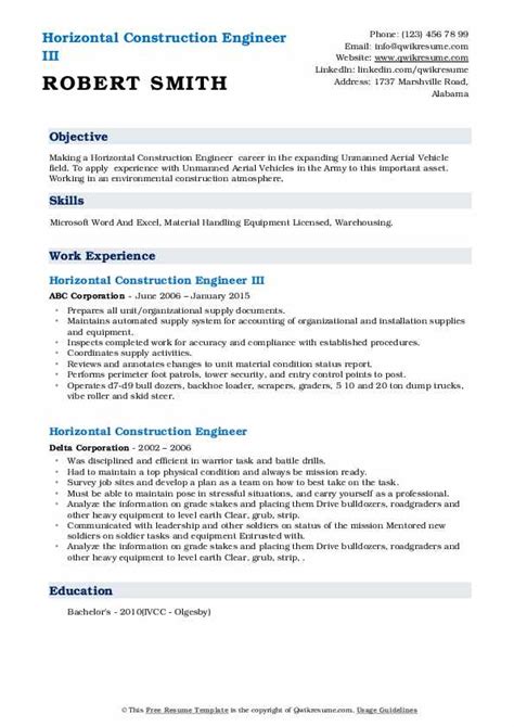 Horizontal Construction Engineer Resume Samples | QwikResume