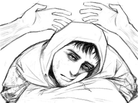 a drawing of a person with their hands on his head and arms around him, looking down at the viewer