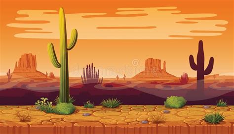 Seamless Desert Landscape with Cactus Vector Illustration