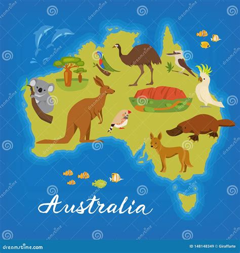 Australia Map with Cute Animals. Vector Poster with Australia Map ...