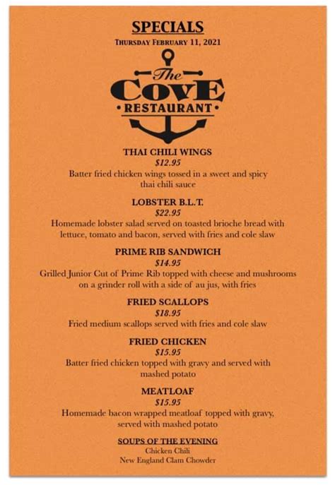 Menu at The Cove Restaurant, Charlestown