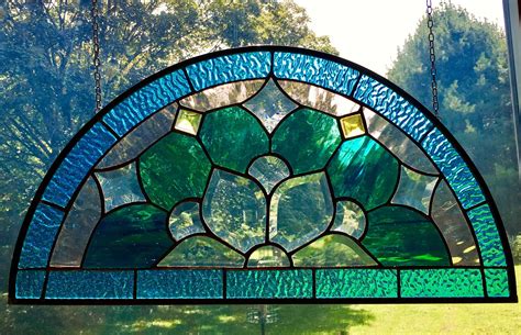 Half round arched peacock colored bevel cluster hanging stained glass window panel 22.5"x11.5 ...