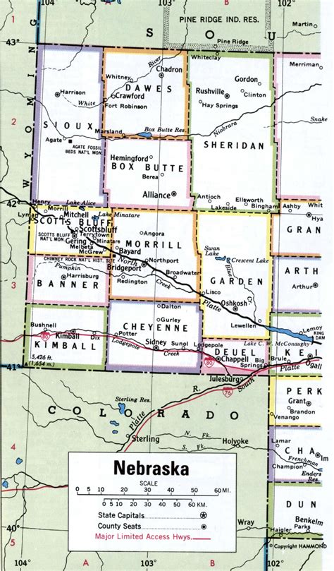 Free map of Nebraska showing counties with names and cities, road highways