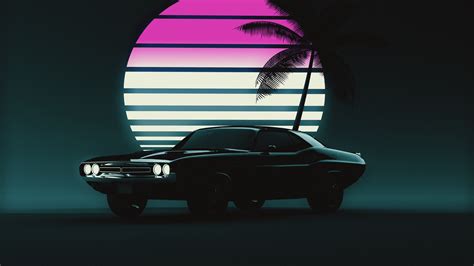 Muscle car Wallpaper 4K, Retro, Vintage car, Sunset, Neon