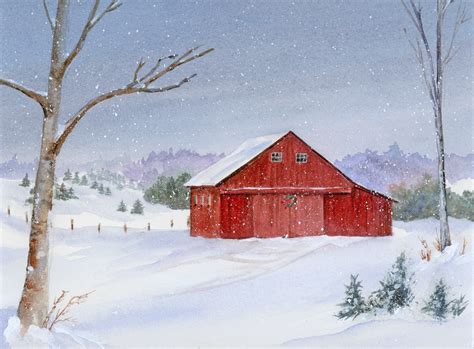 Winter Barn Art, Snow Landscape, Red Barn Watercolor Art Print - Etsy