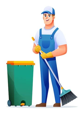 Premium Vector | Cleaning service man with broom and trash can. male ...