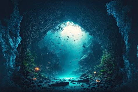 Premium Photo | Mysterious dark underwater cave with reefs journey to bottom of sea