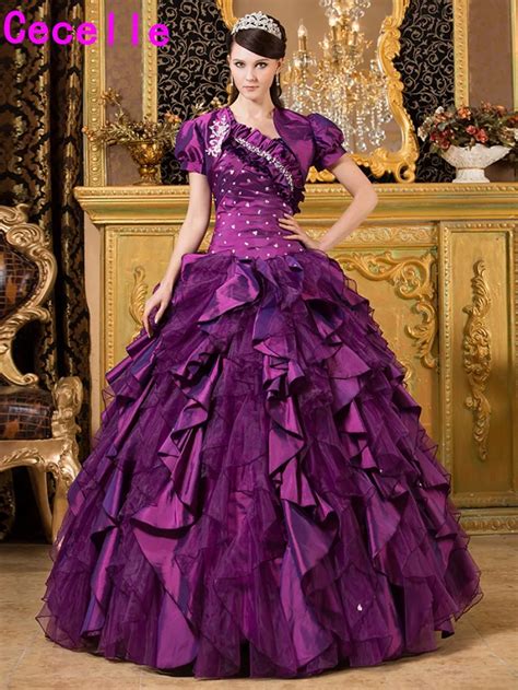 Purple Ball Gown Quinceanera Dresses 2019 With Jackets Vintage Ruffles Taffeta Organza Girls ...