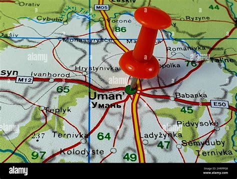 Closeup of the location on the map of the Uman city in Ukraine Stock ...