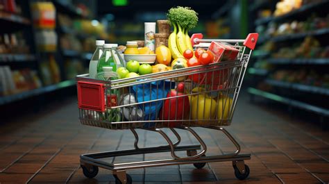 Shopping cart full of food and drinks and supermarket shelves behind ...