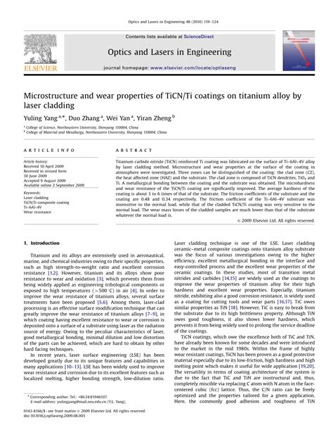 (PDF) Microstructure and wear properties of TiCN/Ti coatings on titanium alloy by laser cladding