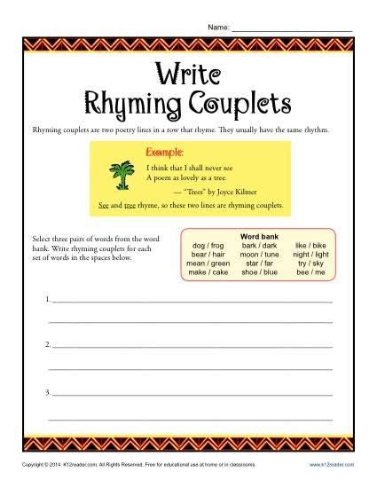 Write Rhyming Couplets | Poetry Worksheets | Poetry worksheets, Rhyming ...