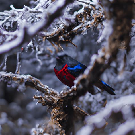 Red Nightangle Bird on Tree in Snowfall Mountain · Creative Fabrica