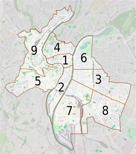 Lyon carte arrondissements - Carte des arrondissements de Lyon ...