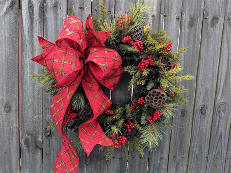 Christmas Wreath, Large Bow Wreath, Realistic Christmas Greenery Wreath ...