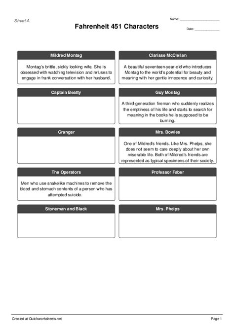 Fahrenheit 451 Characters - Information Gap Worksheet - Quickworksheets