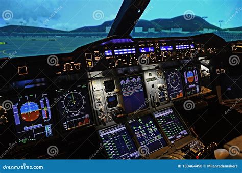 View of a Modern Airplane Cockpit. Airbus A380 Cockpit Editorial Stock ...