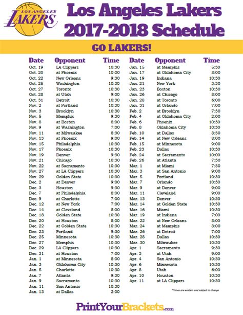 Lakers Schedule Printable - Printable Templates