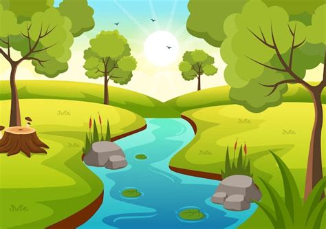 Premium Vector | River Landscape Illustration with View Mountains and ...