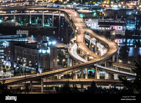 High angle view of elevated roads in city at night Stock Photo - Alamy