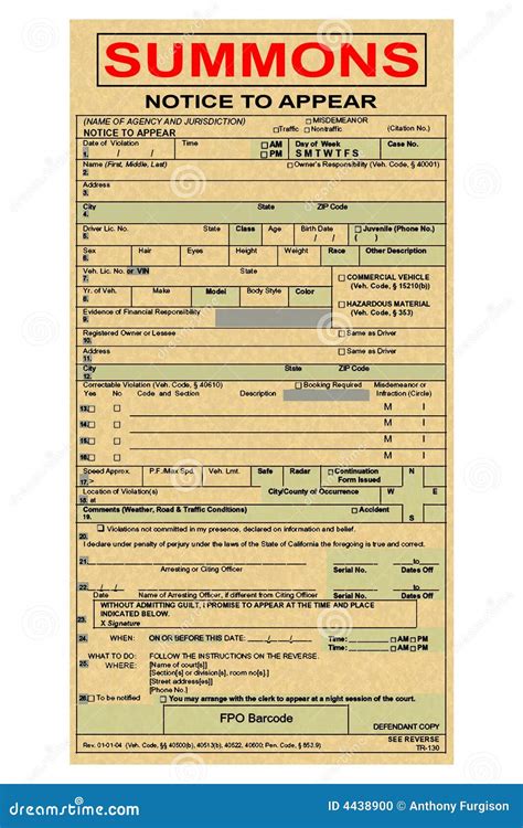 Summons Ticket To Court Stock Photo - Image: 4438900