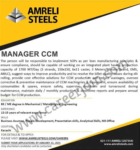 Amreli Steels Limited Jobs Manager CCM