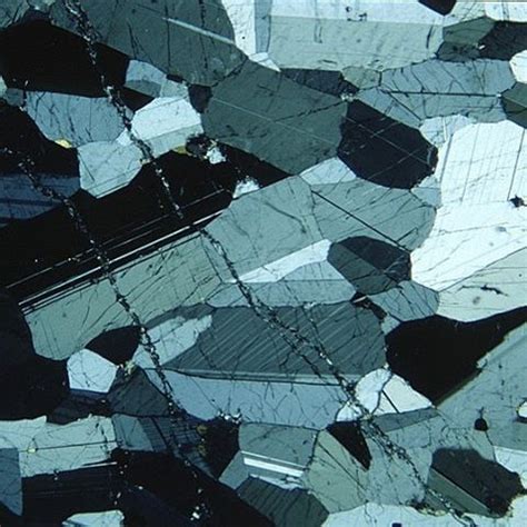 Photomicrograph of a thin section showing twinned, aligned plagioclase in anorthosite. A coarse ...