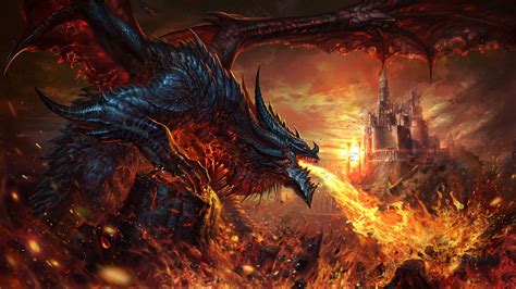 Fantasy Dragon Is Breathing Fire On Castle HD Dreamy Wallpapers | HD Wallpapers | ID #36020